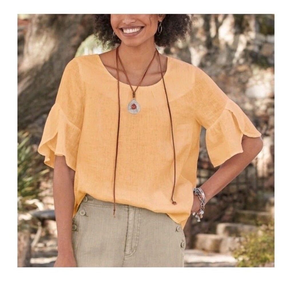 Sundance Peach Pastel 100% Linen Flutter Sleeve Top Blouse Large Lagenlook